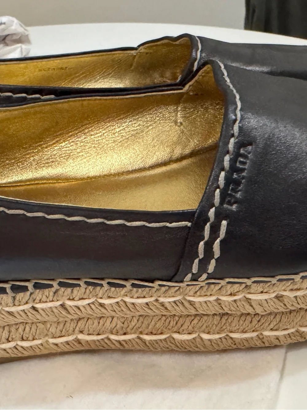 Prada Platform Espadrilles. Leather Peeptoe stitched Size 38.  Beautiful Quality
